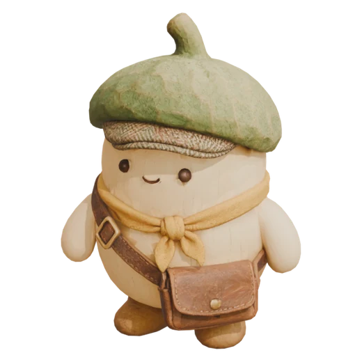 An acorn-shaped worker in a flat cap with a leather messenger bag